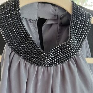 Women's size Medium cocktail dress steel gray with beaded & tied  neckline